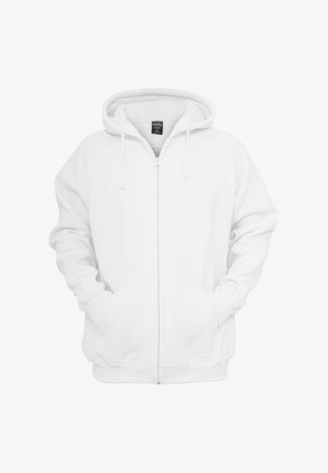 Vit zip-up hoodie i mjukt tyg, med en dragsko i huvan, två framfickor och ribbade muddarna.