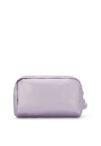 Purple nylon cosmetic pouch with a smooth texture, rectangular shape, zip closure, and a soft, textured pom-pom accent on the side.