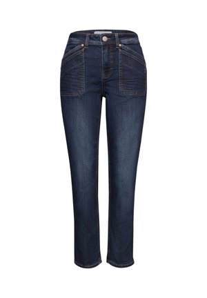 Donkerblauwe rechtlopende jeans van denim, met vijf zakken, een knoopsluiting en een klassiek ontwerp met een gladde textuur.