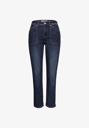 Granatowe jeansy o prostym kroju wykonane z denimu, posiadające pięć kieszeni, zapięcie na guzik oraz klasyczny design o gładkiej fakturze.