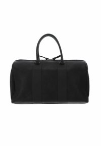 Black leather duffel bag with smooth texture, rounded top, dual handles, and a horizontal seam design. Features zip closure and rounded ends.