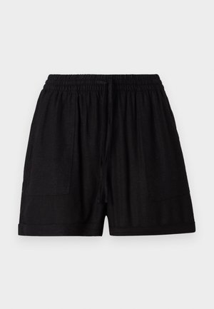 Black linen shorts with an elastic waistband, two side pockets, and a drawstring closure. Smooth texture and mid-thigh length.