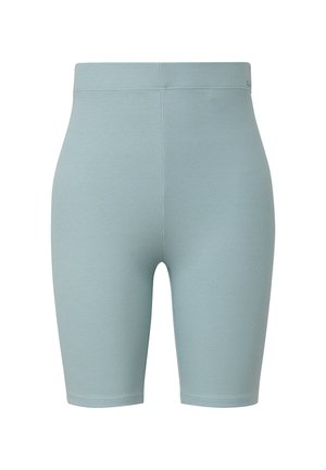 Shorts de vélo côtelés bleu clair avec une taille haute, fabriqués en matériau extensible, présentant une texture lisse et sans détails matériels visibles.
