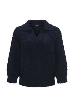 Maglione girocollo blu navy in un morbido tessuto testurizzato. Presenta un colletto, una scollatura a V e maniche lunghe con una vestibilità ampia.