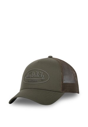 Casquette camionneur Von Dutch California vert olive avec dos en maille et visière incurvée, logo embossé sur le panneau avant.