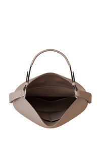 Hellbeige Lederhandtasche mit weitem Öffnungsbereich, einem Metallgriff und zwei Innenfächern. Glatte Textur mit einem subtilen Glanz.