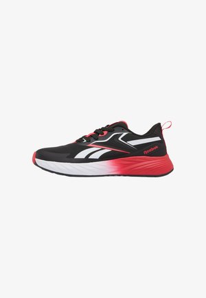 Zwarte en rode Reebok hardloopschoen met wit logo, zwarte veters en een dikke zool met een rode verloopkleur richting de hiel.