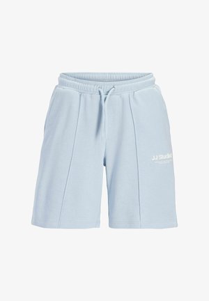 Jasnoniebieskie, casualowe szorty z elastycznym pasem, sznurkiem, bocznymi kieszeniami, przednimi szwami oraz białym logo "JJ Studios" na lewej nodze.