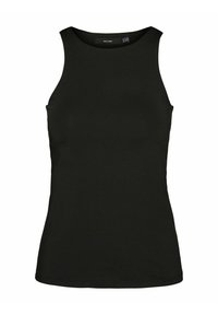 Zwarte mouwloze top met een hoge halslijn. Gemaakt van rekbaar materiaal, met een nauwsluitend ontwerp en een gladde textuur. Geen patronen of accenten.