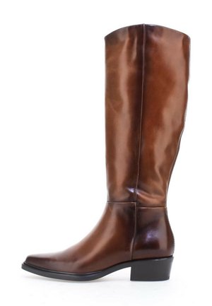 Grande botte en cuir marron avec un petit talon noir et un bout pointu, vue de profil sur fond blanc.