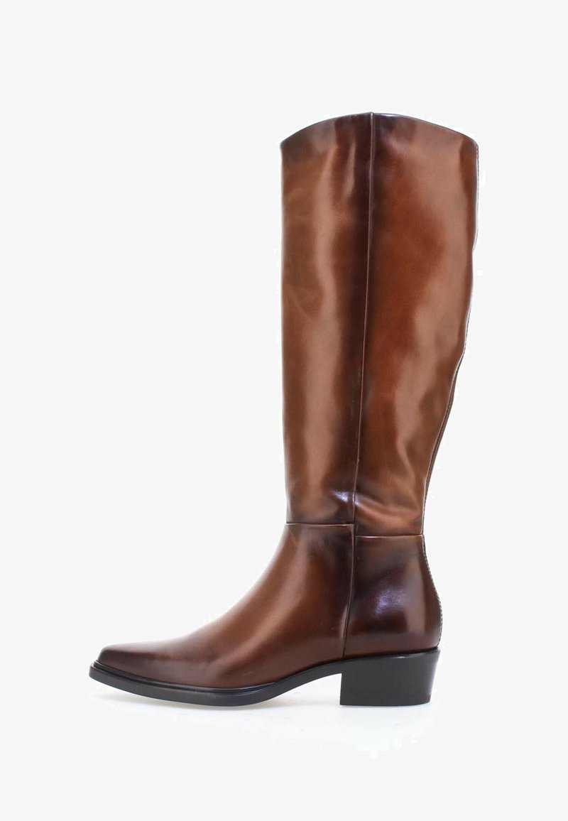 Grande botte en cuir marron avec un petit talon noir et un bout pointu, vue de profil sur fond blanc.