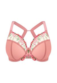 Rosa BH mit floraler Stickerei auf den Körbchen, verstellbaren Trägern mit Kreuzdesign und weichem Stoff mit glatter Textur.