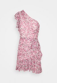 Robe asymétrique en tissu léger, ornée de motifs floraux roses, avec des bords froncés et un détail à nouer à la taille.
