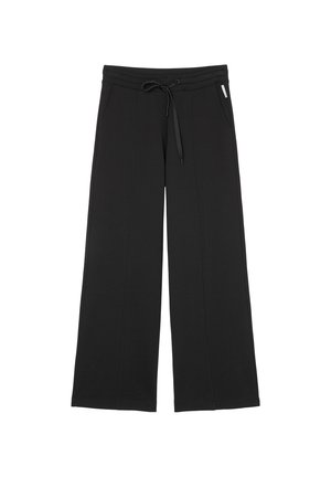 Schwarze Hosen mit weitem Bein, elastischem Bund, verstellbarem Kordelzug, Vordertaschen und geraden Nähten für den lässigen Gebrauch.