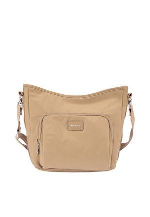 Borsa a tracolla beige con tasca frontale con zip e tracolla regolabile, con una piccola etichetta rettangolare del marchio sulla tasca.