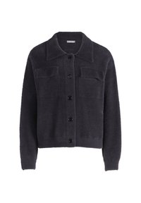 Cardigan fuzzy grigio scuro con colletto, maniche lunghe, due tasche frontali e sei bottoni neri sul davanti. Tessuto morbido in tutto il capo.