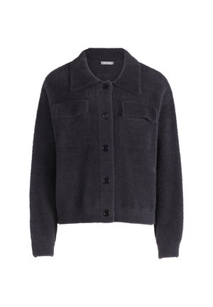 Dark gray fuzzy cardigan with a collar, long sleeves, two front pockets, and six black buttons down the front. Soft texture throughout.