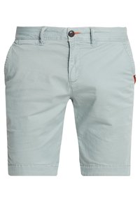 Pantalones cortos de color azul claro, fabricados en algodón, con cierre de botón, bolsillos frontales y dobladillo cosido. Diseño de pierna recta con un mínimo de detalles.