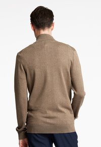 Brun stickad tröja med hög krage, åtsittande ärmmanchetter och en slät textur, visad bakifrån mot en enkel bakgrund.