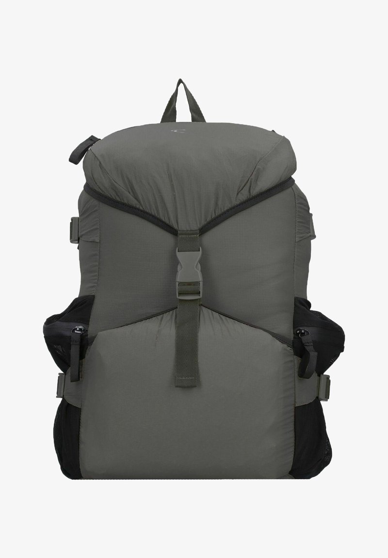 Sac à dos gris foncé avec un dessus rembourré, des bretelles réglables, des poches en maille latérales et une boucle centrale. Matériau texturé avec une finition lisse.