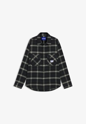 Black and gray plaid long-sleeve shirt featuring a collar, two chest pockets, and a HUGO logo label. Cotton fabric with a soft texture.