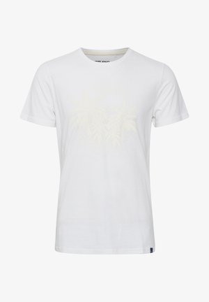 Valkoinen lyhythihainen t-paita, joka on valmistettu puuvillasta ja jossa on edessä hillitty palmun kuva vaaleankeltaisena. Klassinen pyöreä pääntie.