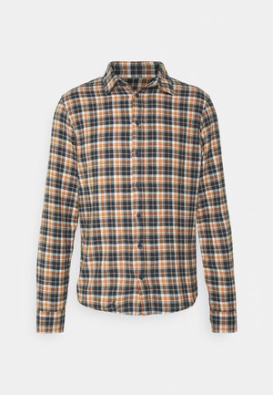 Plaid shirt with long sleeves in navy, orange, and white. Features a button-down front and a classic collar. Cotton material.