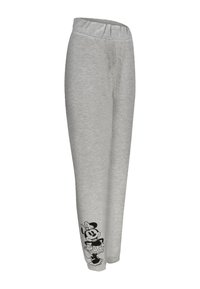 Hellgraue Jogginghose mit elastischem Bund und einem schwarz-weißen Cartoonfiguren-Print am linken Bein. Glatte Stofftextur.