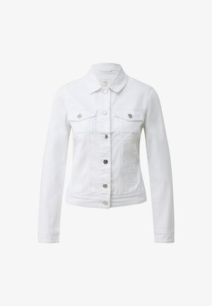 Chaqueta de mezclilla blanca con mangas largas, cierre de botones, cuello y dos bolsillos en el pecho con solapas abotonadas.