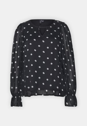 Black chiffon blouse with long, sheer sleeves, round neckline, and a keyhole opening. Features white polka dots throughout.