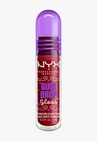 NYX Gum Drop Gloss, cilindervormige doorzichtige tube met paarse dop, bevat diepe rode glans. Heeft branding en decoratieve paarse tekst en accenten.