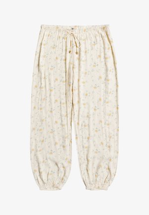 Leichte, cremefarbene Freizeithose mit Blumenmuster, elastischem Bund, verstellbarem Kordelzug und schmal zulaufenden Bündchen. Strukturierter Stoff mit Falten.