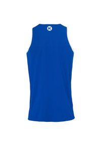 Blauw sporttanktop met een ronde hals, witte afwerking langs de schouders en een logo op de bovenrug. Gemaakt van lichtgewicht stof.