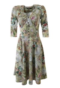 Blumendruckkleid mit 3/4-Ärmeln, V-Ausschnitt, Knopfverschluss und ausgestellt Rock. Hergestellt aus strukturiertem Stoff in grün, pink und beige Tönen.