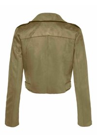 Olivgrön kort jacka med långa ärmar, ryggsöm och justerbara sidoflikar, sedd bakifrån.