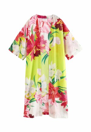 Floral kimono featuring bright yellow and pink hues, with large flower patterns on lightweight fabric and short, wide sleeves.