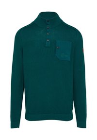 Türkiser Strickpullover mit hohem Kragen, dreiknöpfiger Blende und einer Tasche mit Klappe. Gerippte Bündchen und Saum. Subtile Textur.