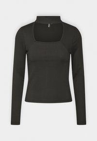 Svart långärmad topp med hög krage, med fyrkantig halslinning och ribbad struktur. Åtsittande design med stretchigt tyg.