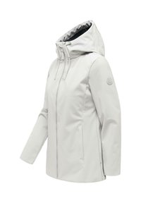 Giacca con cappuccio da donna grigio chiaro con cerniera frontale completa, cappuccio con coulisse, tasche laterali e un piccolo logo rotondo sulla manica sinistra.