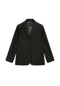 Veste en jean noire avec un col à revers cranté, une fermeture à un bouton et des manches longues. Présente un motif texturé subtil et des poches latérales.