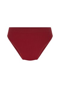 Geribbelde rode bikini slipjes met een hoog tailleontwerp, een gladde textuur en een elastische tailleband, met gebogen beenopeningen voor een aangesloten look.