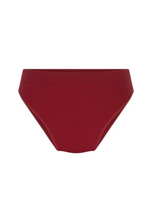 Geribbelde rode bikini slipjes met een hoog tailleontwerp, een gladde textuur en een elastische tailleband, met gebogen beenopeningen voor een aangesloten look.