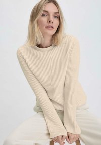 Beige Rippstrickpullover mit Rundhalsausschnitt, langen Ärmeln und lockerer Passform. Weiche Textur und minimalistisches Design.