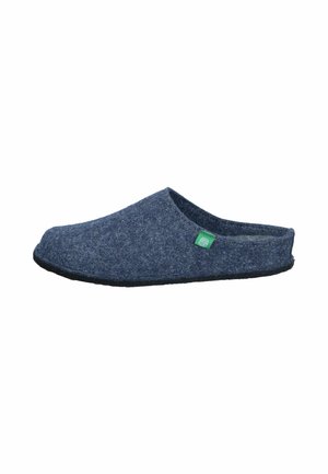 Navy felt slipper with a simple, open-back design, black sole, and small green logo tag on the side. Texture appears soft and warm.