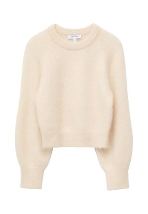 Cream-colored cropped sweater made of soft, fluffy material; features a round neckline and long, slightly puffed sleeves.