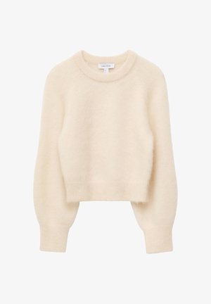 Cream-colored cropped sweater made of soft, fluffy material; features a round neckline and long, slightly puffed sleeves.