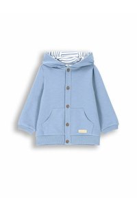 Jasnoniebieska bluza z kapturem z pasiastym wnętrzem, zapinana na guziki z dwiema przednimi kieszeniami. Miękka tkanina z prążkowanymi mankietami i dołem.
