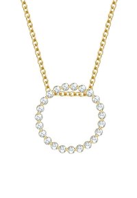 Guldhalsband med en cirkulär medaljong prydd med klara, runda ädelstenar i ett symmetriskt mönster.