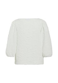 Hvid struktureret bluse med firkantet udskæring, lange puffærmer og et subtilt krøllet mønster. Glat stof med en afslappet pasform.