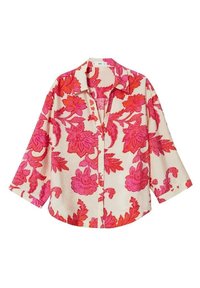 Camicia a bottoni floreale con sfondo crema e fiori rosa vivaci. Presenta un colletto e maniche a tre quarti. Tessuto dalla superficie liscia.